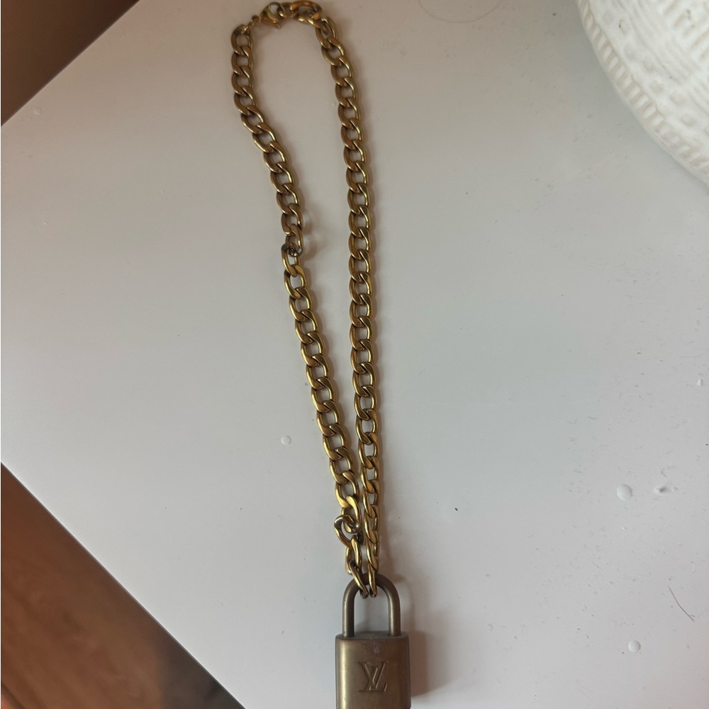 Louis Vuitton Gold Tone Chain Padlock Necklace
